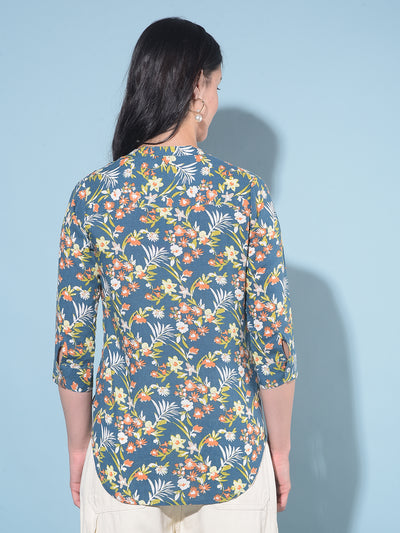 Blue Floral Print Top-Women Tops-Crimsoune Club