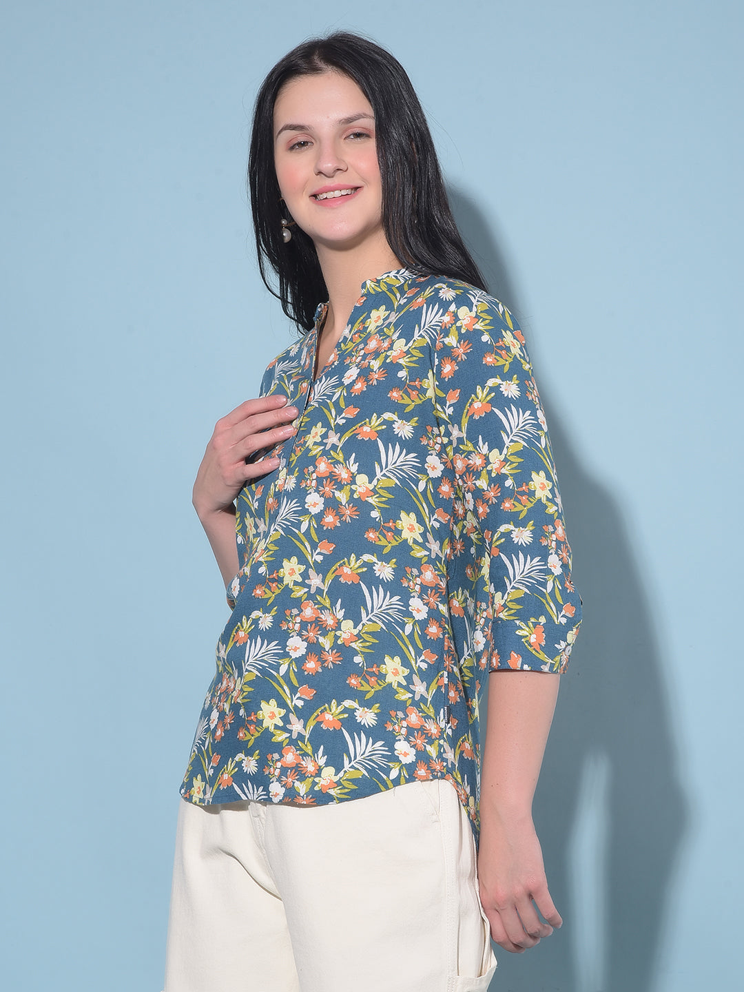 Blue Floral Print Top-Women Tops-Crimsoune Club