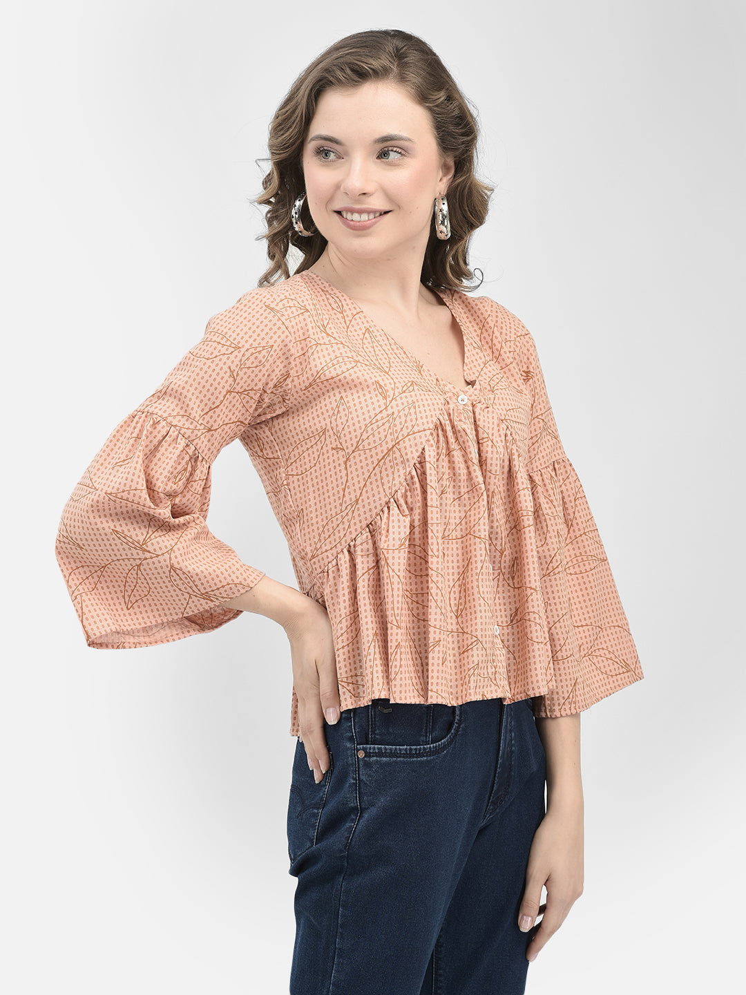 Peach Floral Print Top-Women Tops-Crimsoune Club