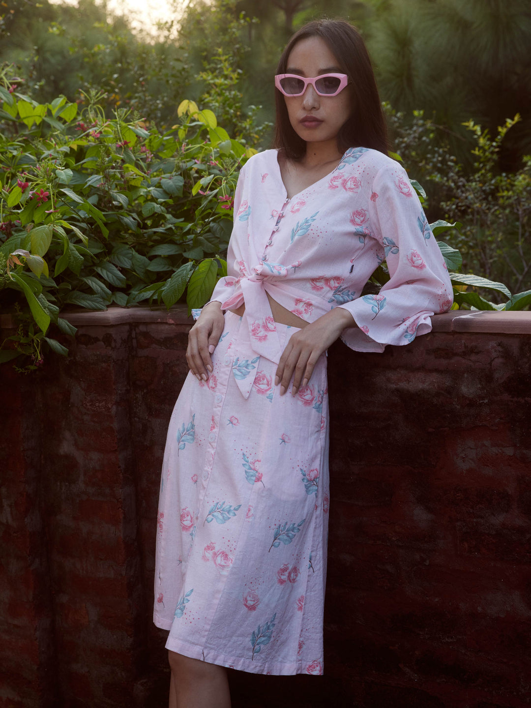 Pink Tie-Up Floral Top-Women Tops-Crimsoune Club