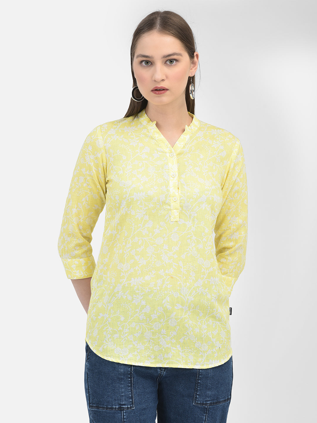 Floral Print Yellow Top-Women Tops-Crimsoune Club