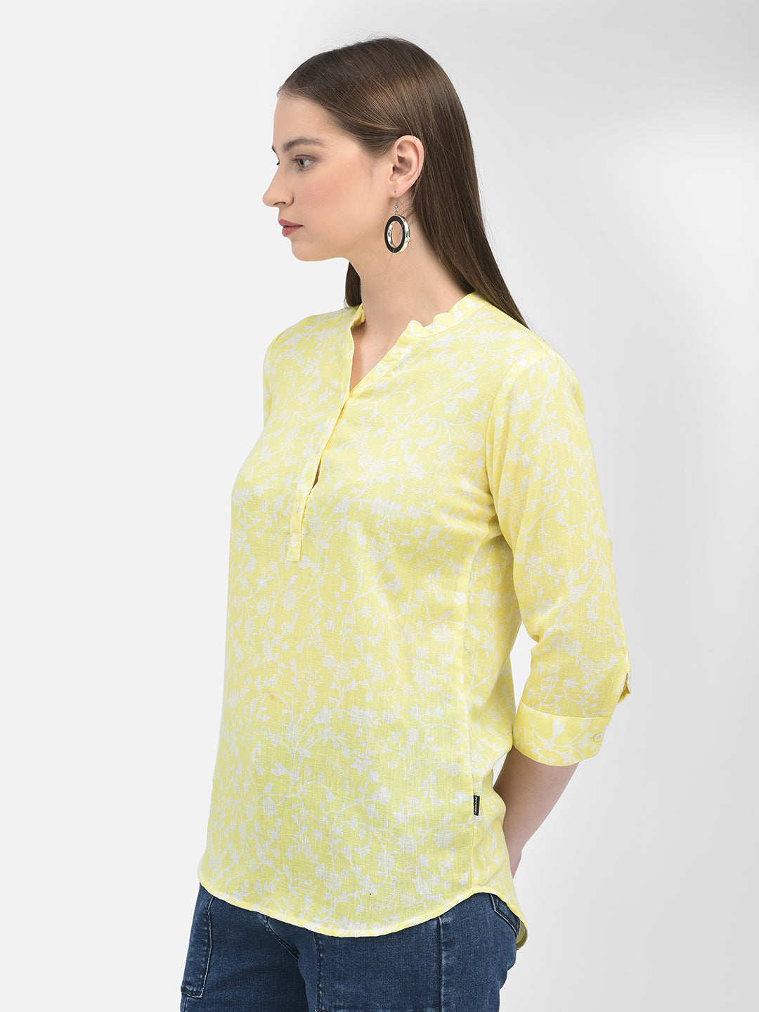 Floral Print Yellow Top-Women Tops-Crimsoune Club