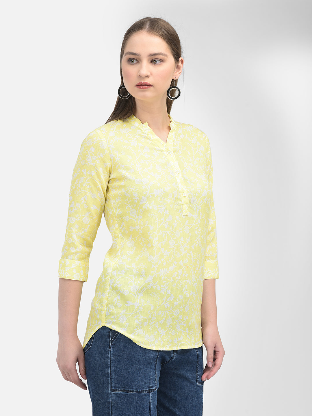 Floral Print Yellow Top-Women Tops-Crimsoune Club