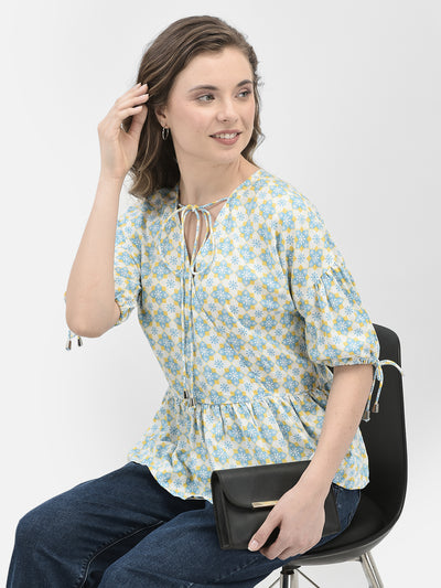 Blue Floral Print Top-Women Tops-Crimsoune Club