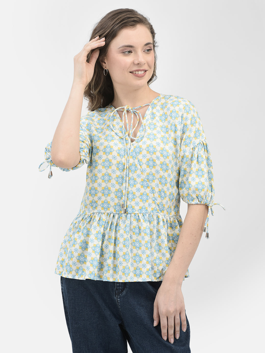 Blue Floral Print Top-Women Tops-Crimsoune Club