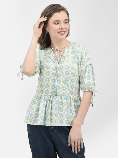 Blue Floral Print Top-Women Tops-Crimsoune Club