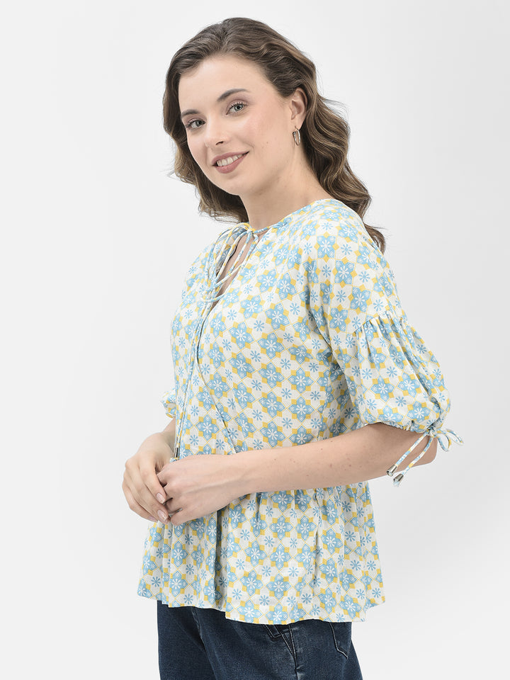 Blue Floral Print Top-Women Tops-Crimsoune Club