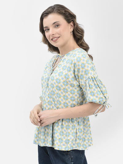 Blue Floral Print Top-Women Tops-Crimsoune Club