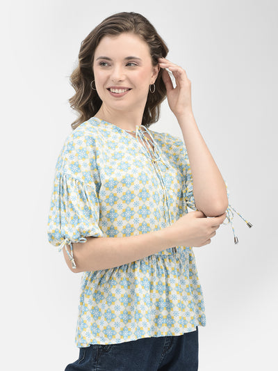 Blue Floral Print Top-Women Tops-Crimsoune Club