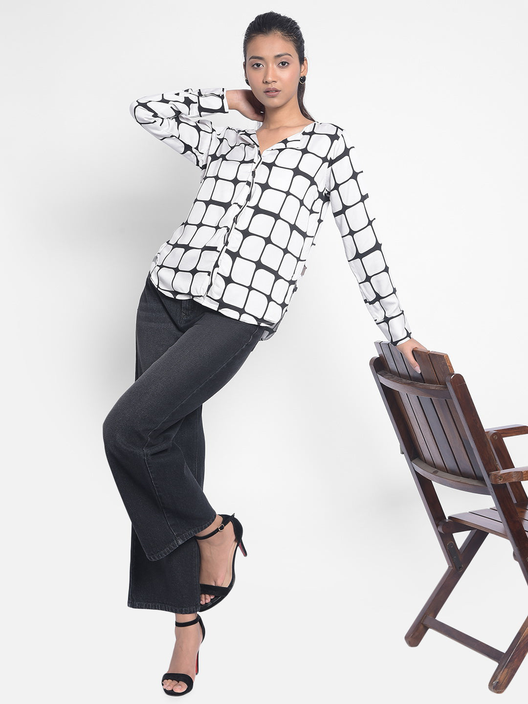 White Checked Top With Slits-Women Tops-Crimsoune Club