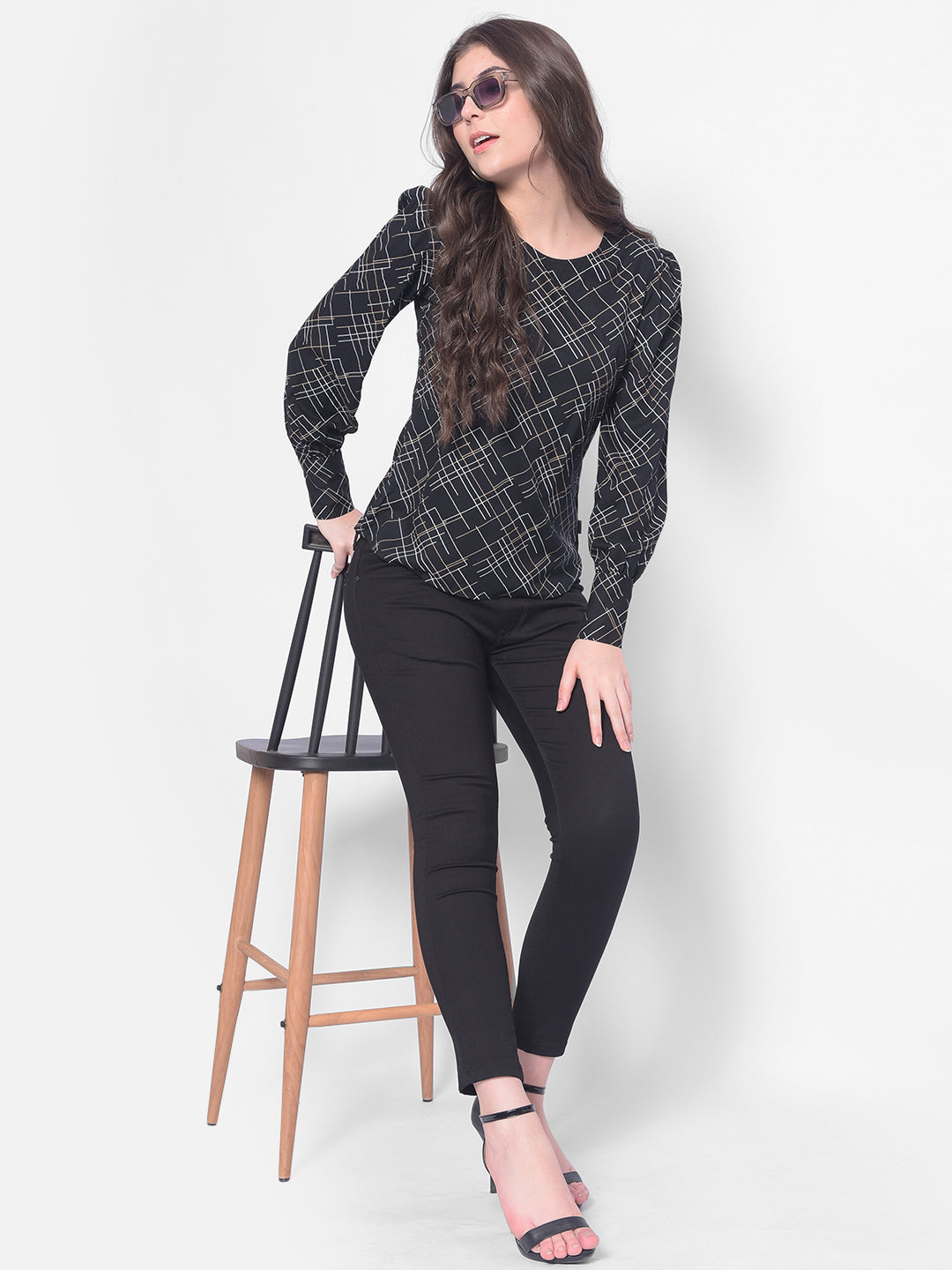 Black Printed Top-Women Tops-Crimsoune Club