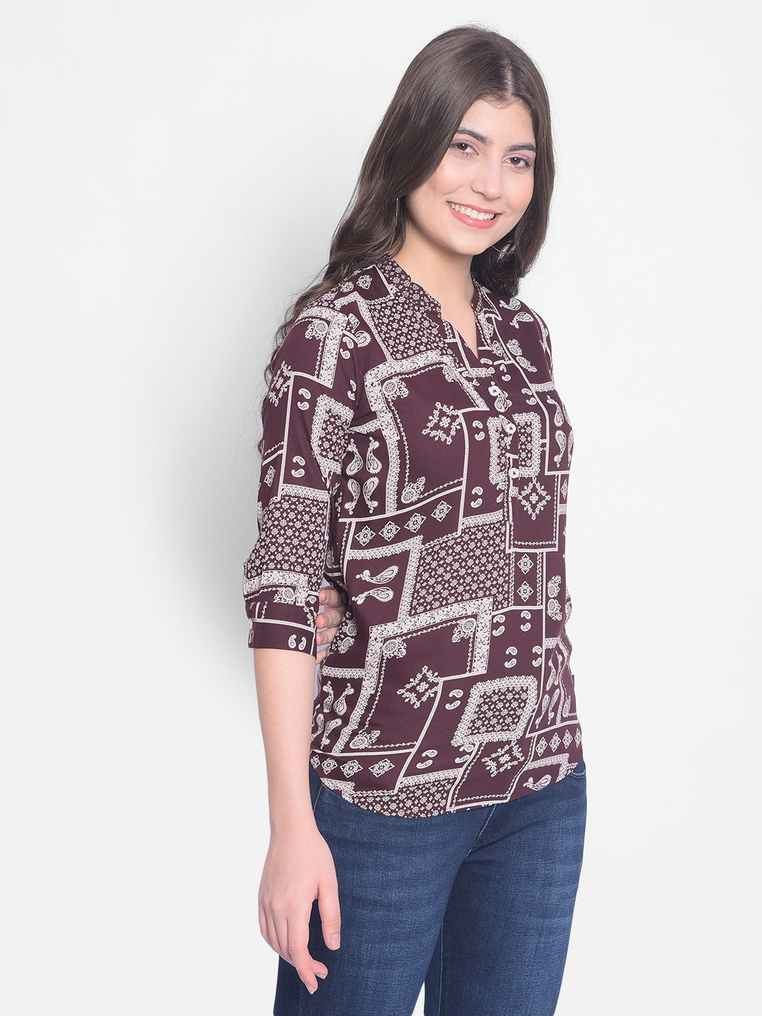 Brown Printed Top-Women Tops-Crimsoune Club