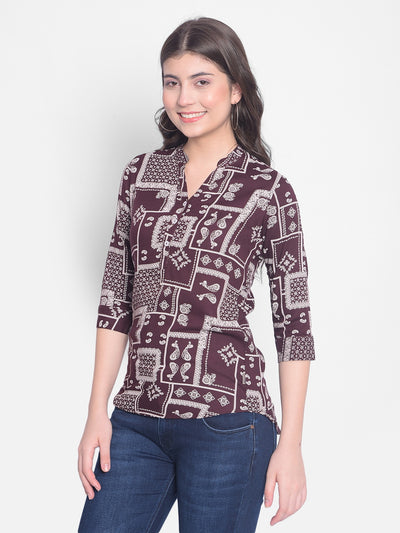 Brown Printed Top-Women Tops-Crimsoune Club