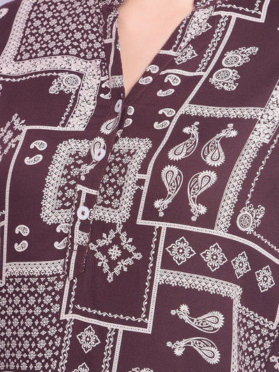 Brown Printed Top-Women Tops-Crimsoune Club