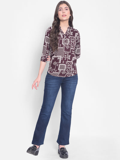 Brown Printed Top-Women Tops-Crimsoune Club