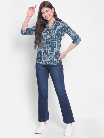 Blue Printed Top-Women Tops-Crimsoune Club