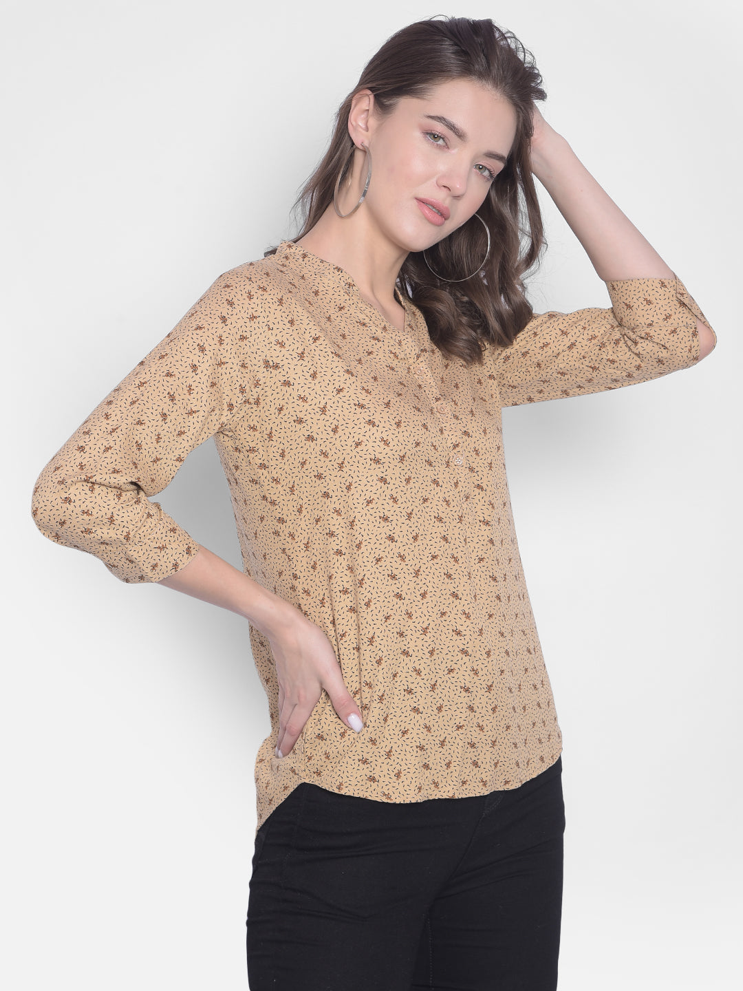 Beige Printed Top-Women Tops-Crimsoune Club