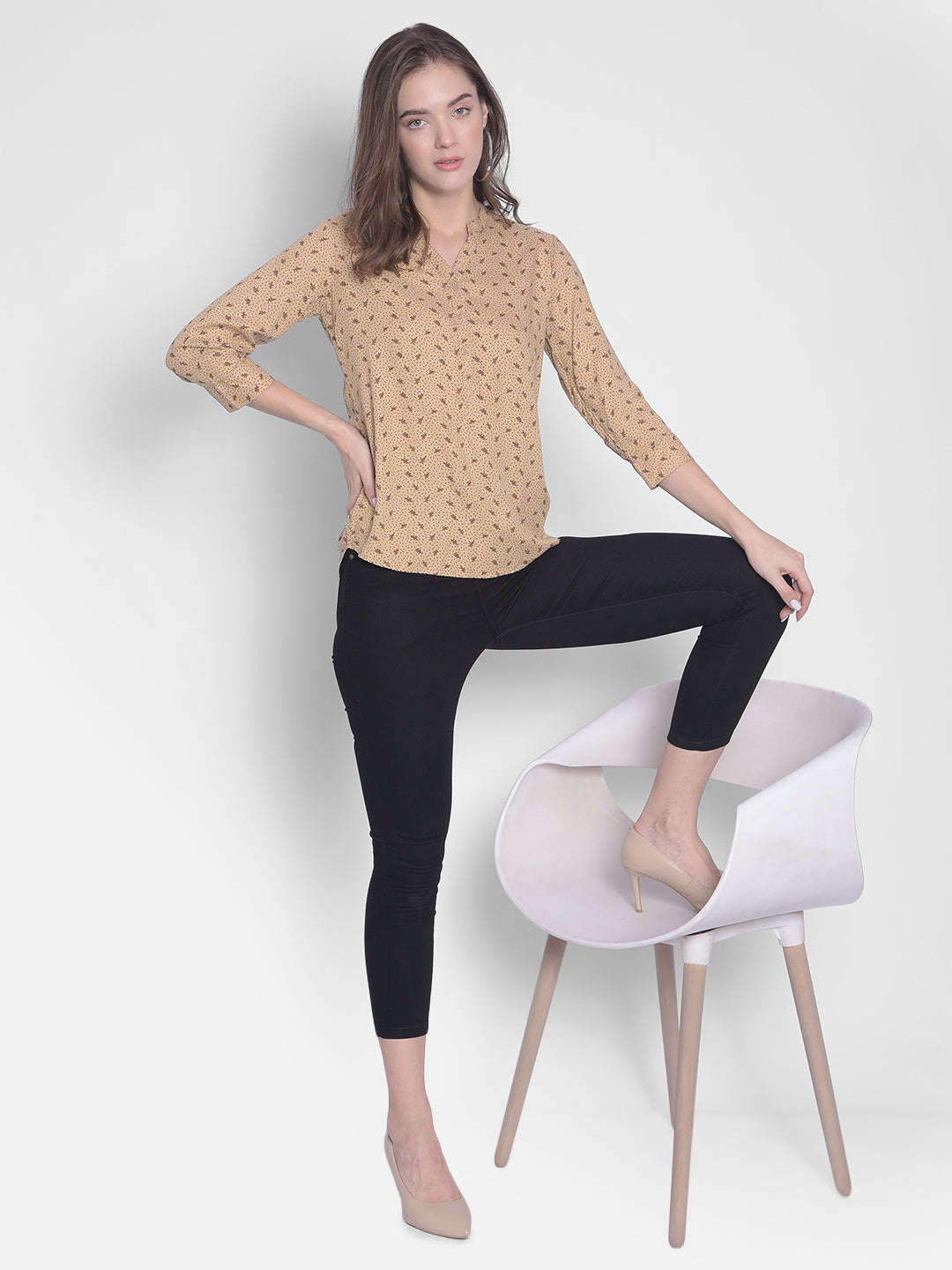 Beige Printed Top-Women Tops-Crimsoune Club