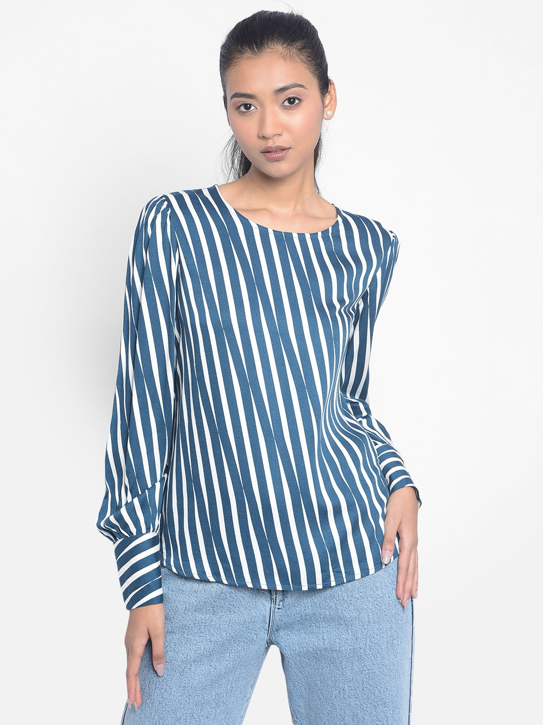 Blue Striped Top-Women Tops-Crimsoune Club