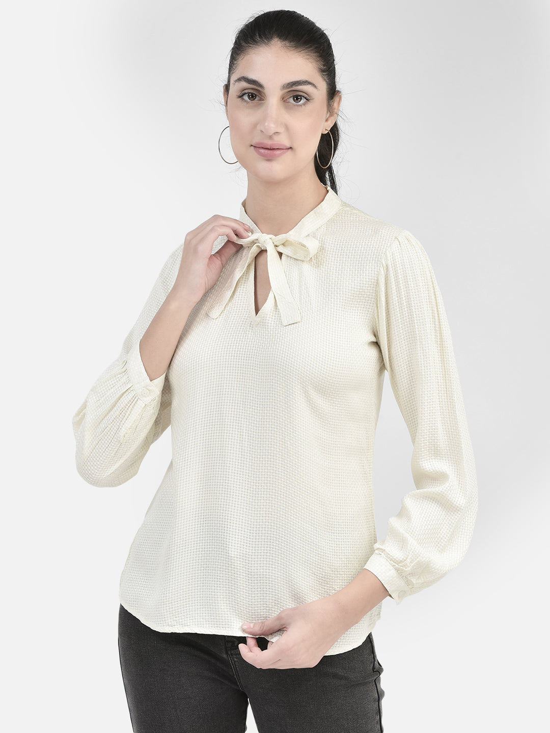 White Tie-Up Neck Top-Women Tops-Crimsoune Club