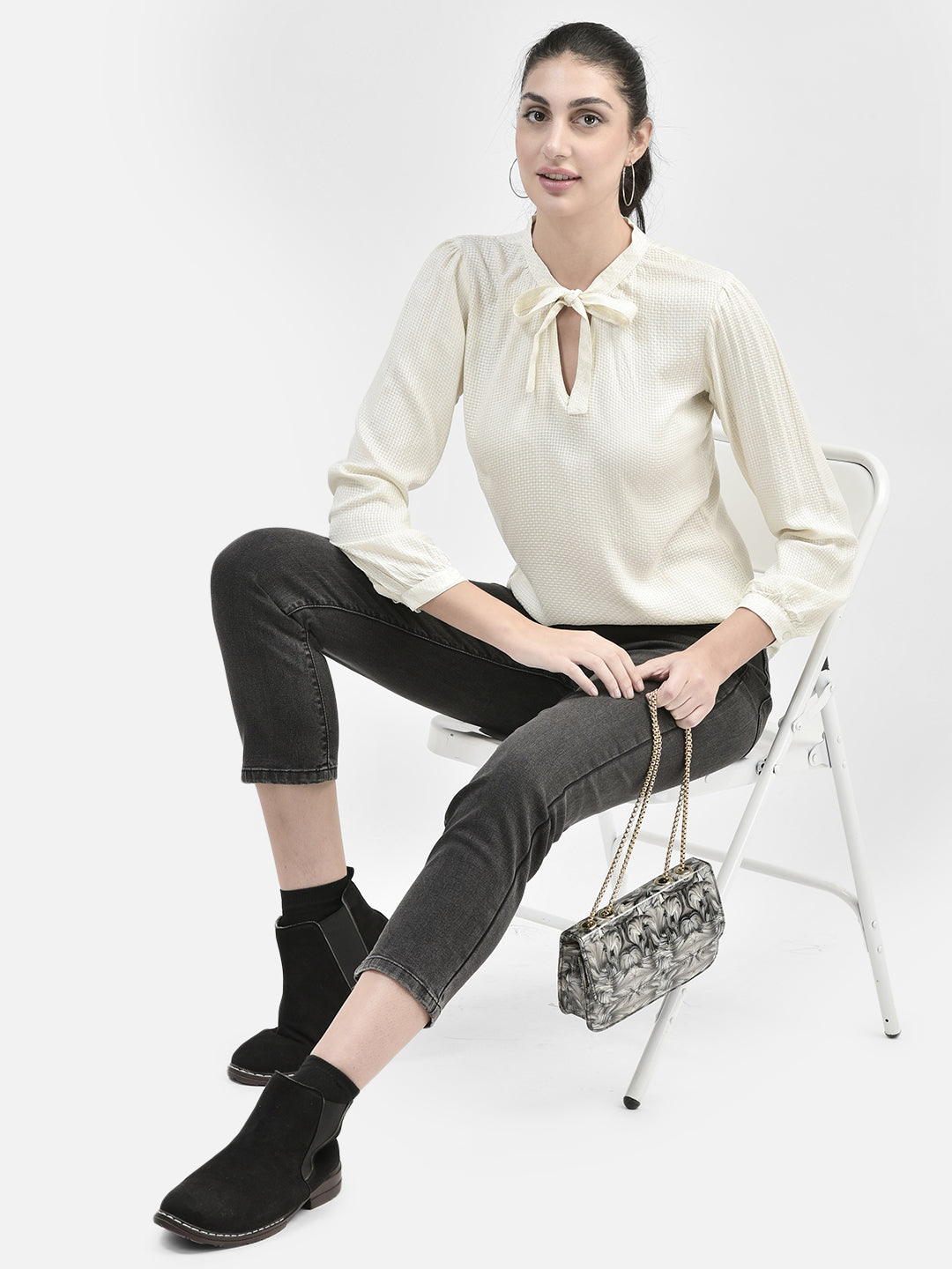 White Tie-Up Neck Top-Women Tops-Crimsoune Club