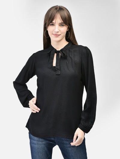 Black Tie-Up Neck Top-Women Tops-Crimsoune Club