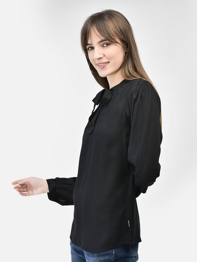 Black Tie-Up Neck Top-Women Tops-Crimsoune Club