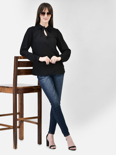 Black Tie-Up Neck Top-Women Tops-Crimsoune Club