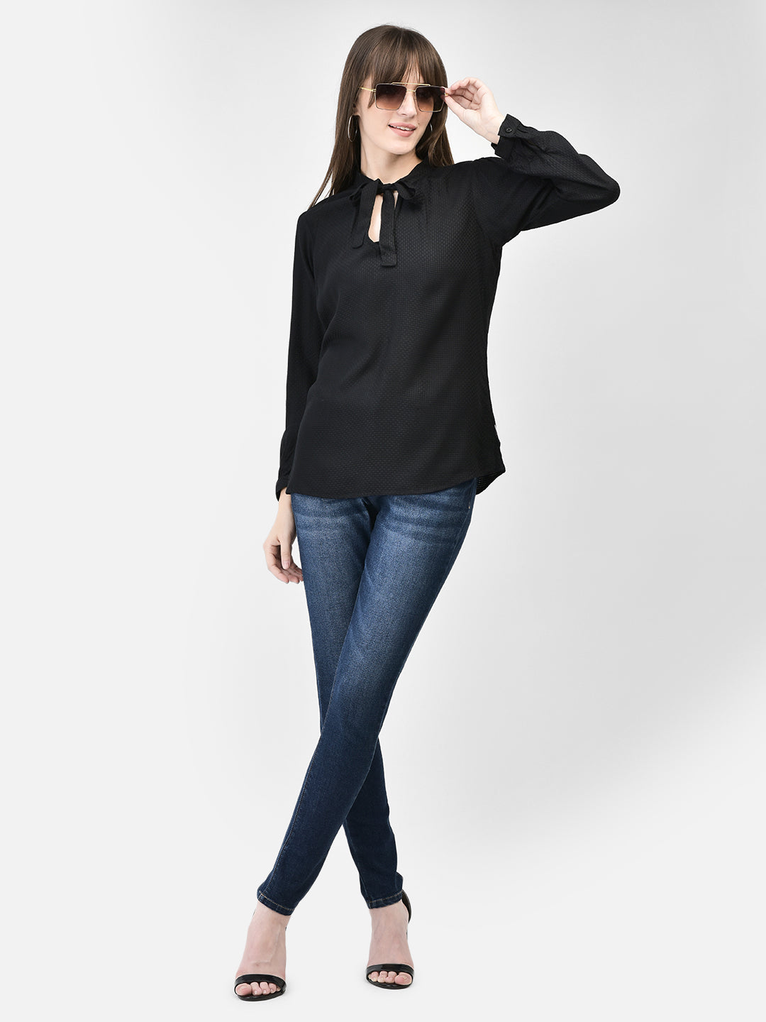 Black Tie-Up Neck Top-Women Tops-Crimsoune Club