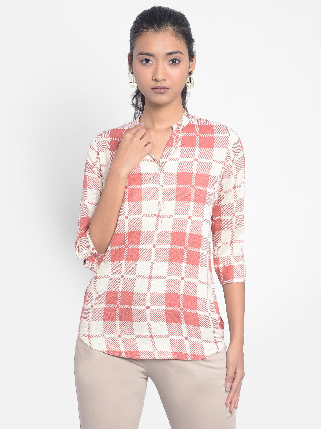 Pink Checked Top-Women Tops-Crimsoune Club