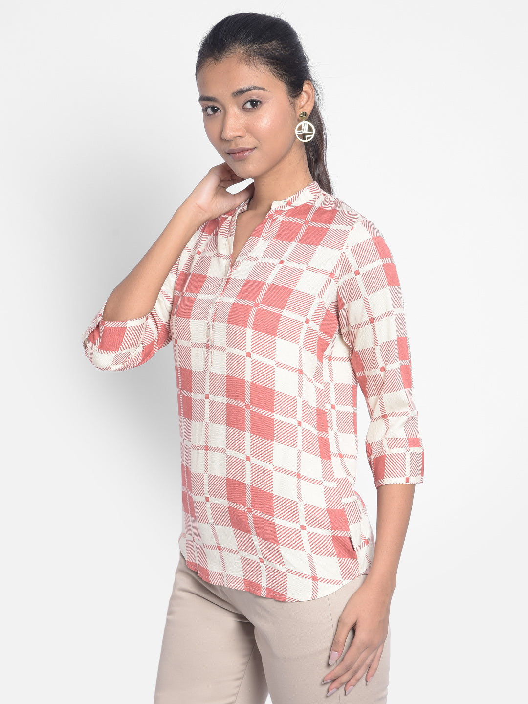 Pink Checked Top-Women Tops-Crimsoune Club