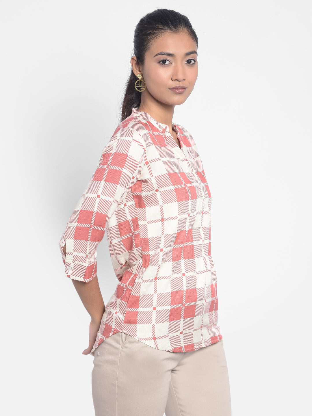 Pink Checked Top-Women Tops-Crimsoune Club