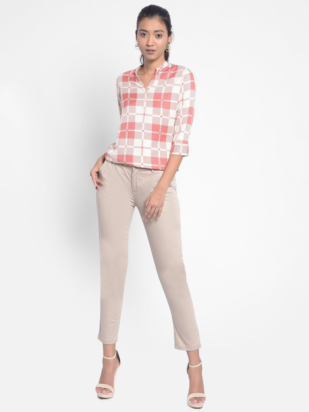 Pink Checked Top-Women Tops-Crimsoune Club