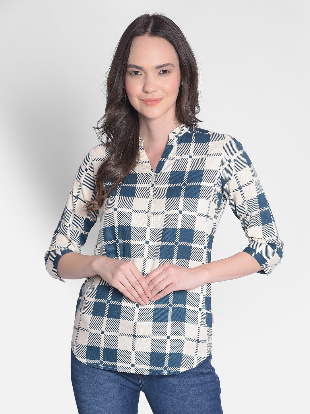 Blue Checked Top-Women Tops-Crimsoune Club