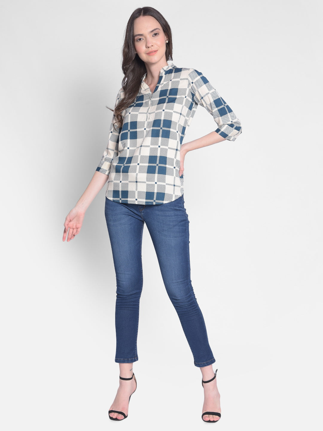 Blue Checked Top-Women Tops-Crimsoune Club