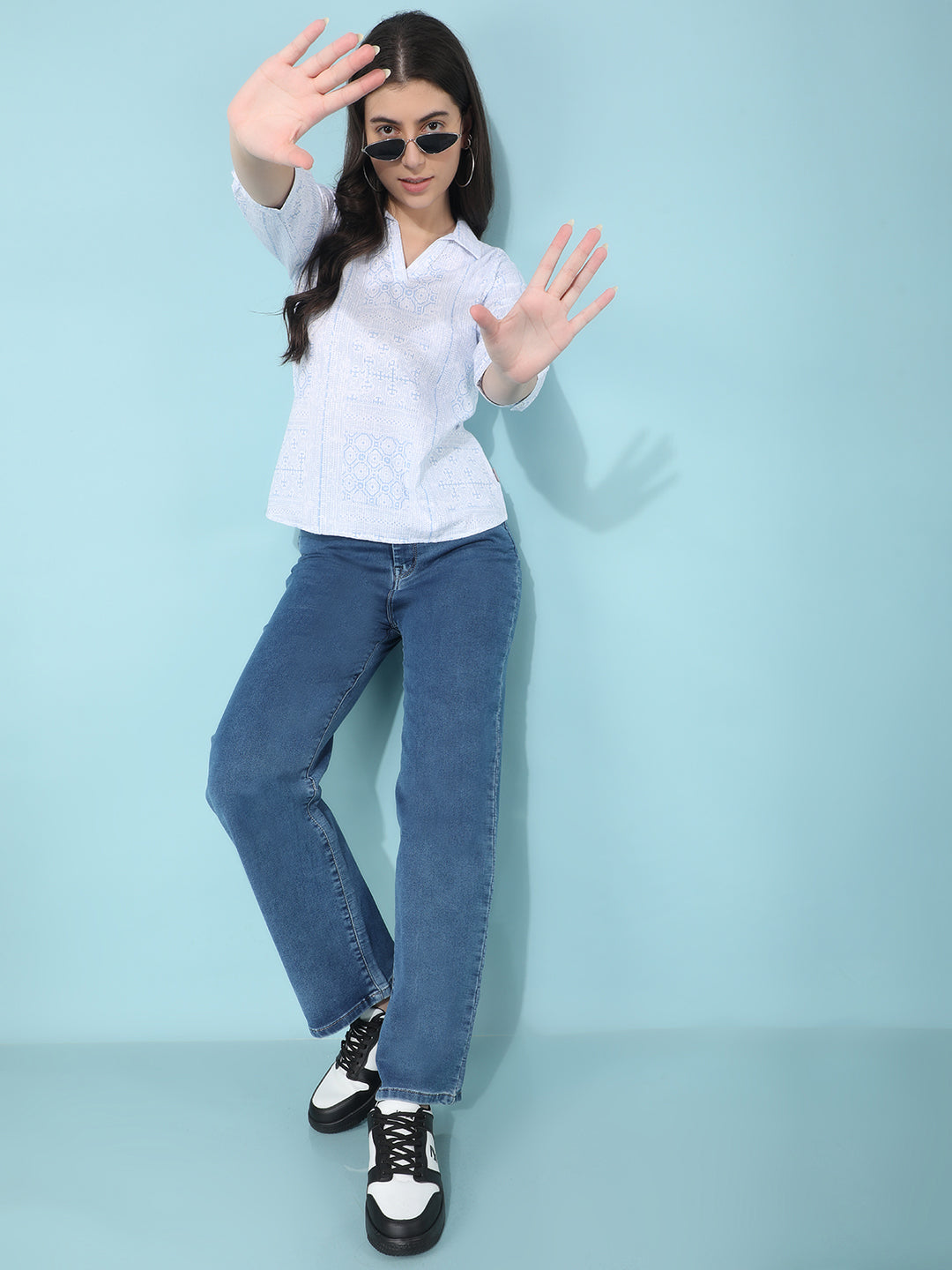Blue Printed 100% Cotton Top-Women Tops-Crimsoune Club