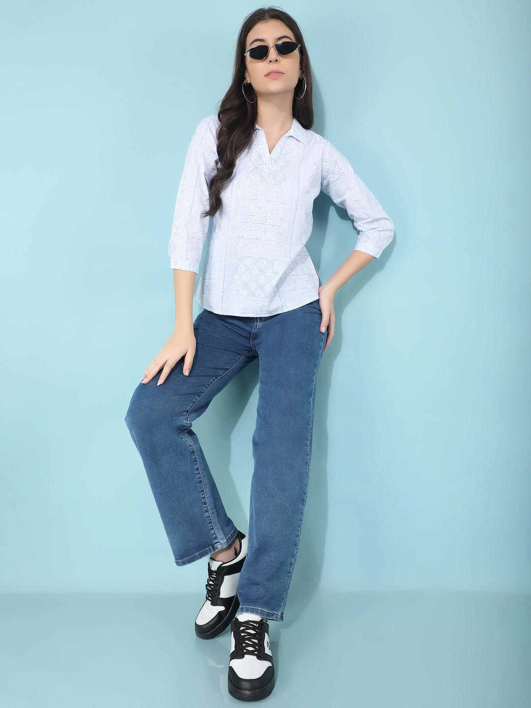 Blue Printed 100% Cotton Top-Women Tops-Crimsoune Club
