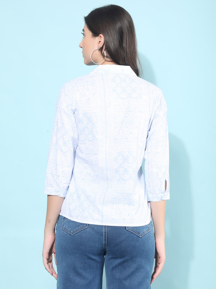 Blue Printed 100% Cotton Top-Women Tops-Crimsoune Club