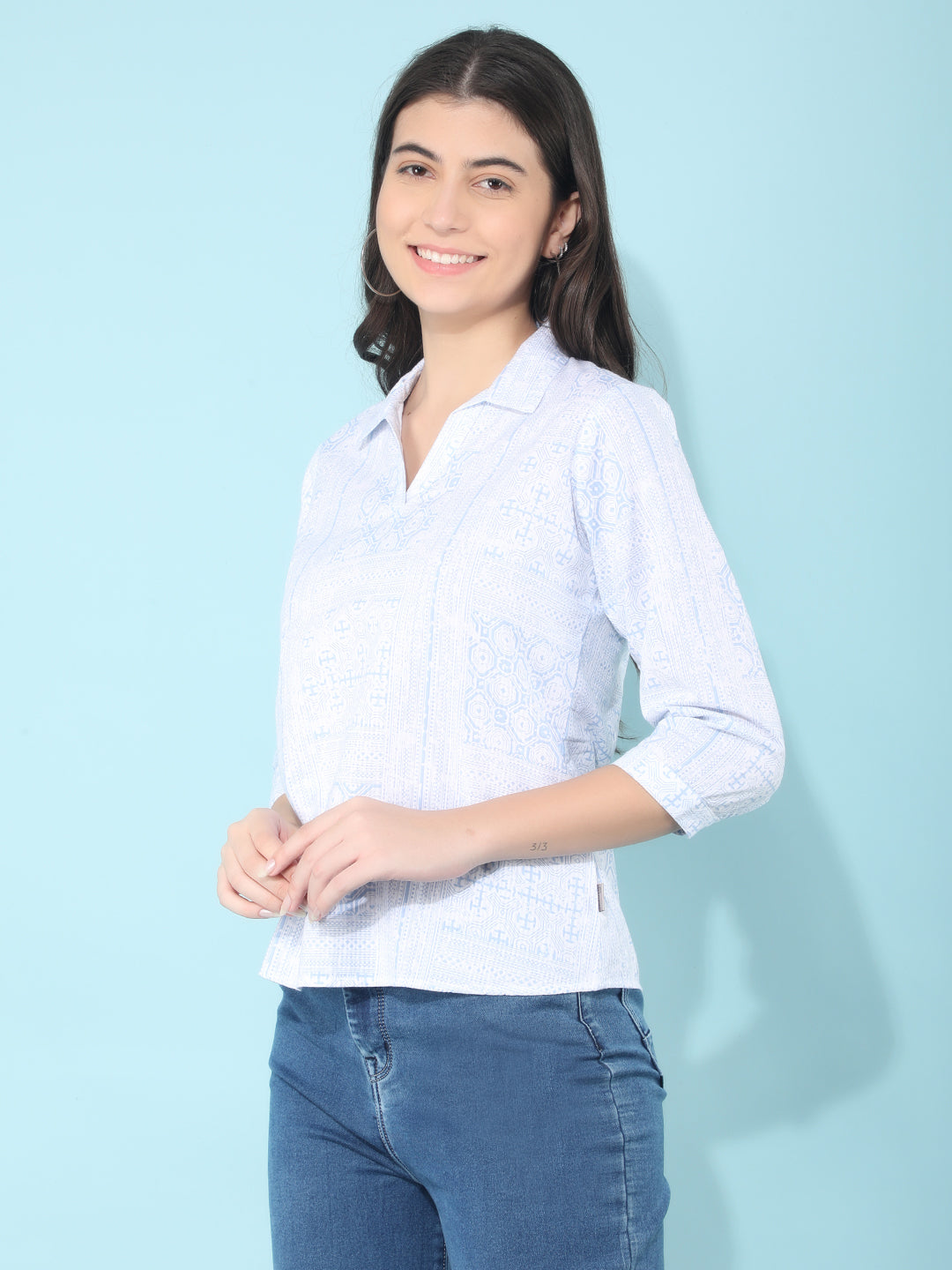 Blue Printed 100% Cotton Top-Women Tops-Crimsoune Club