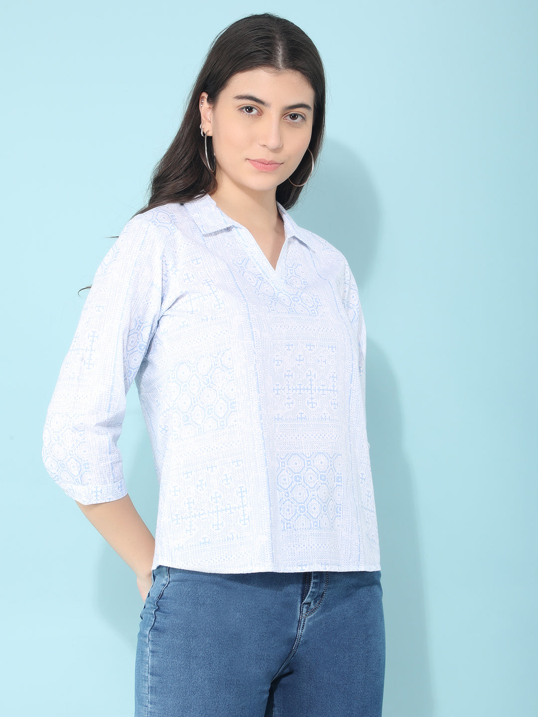 Blue Printed 100% Cotton Top-Women Tops-Crimsoune Club