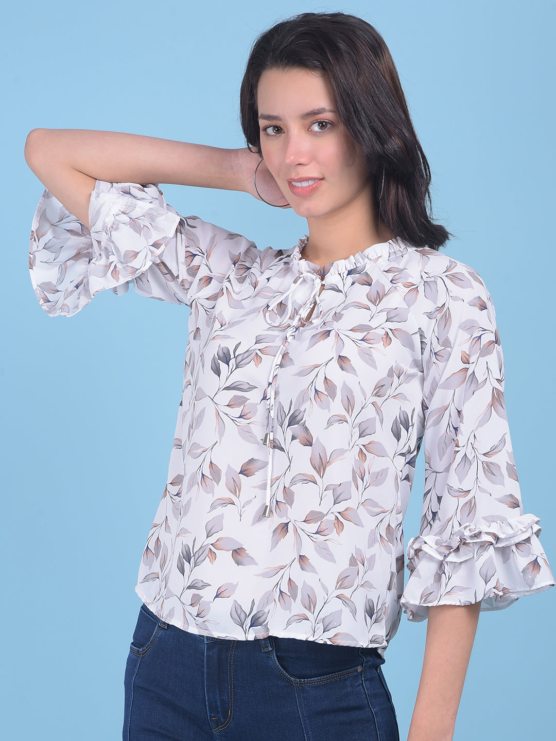 White Floral Print Top-Women Tops-Crimsoune Club