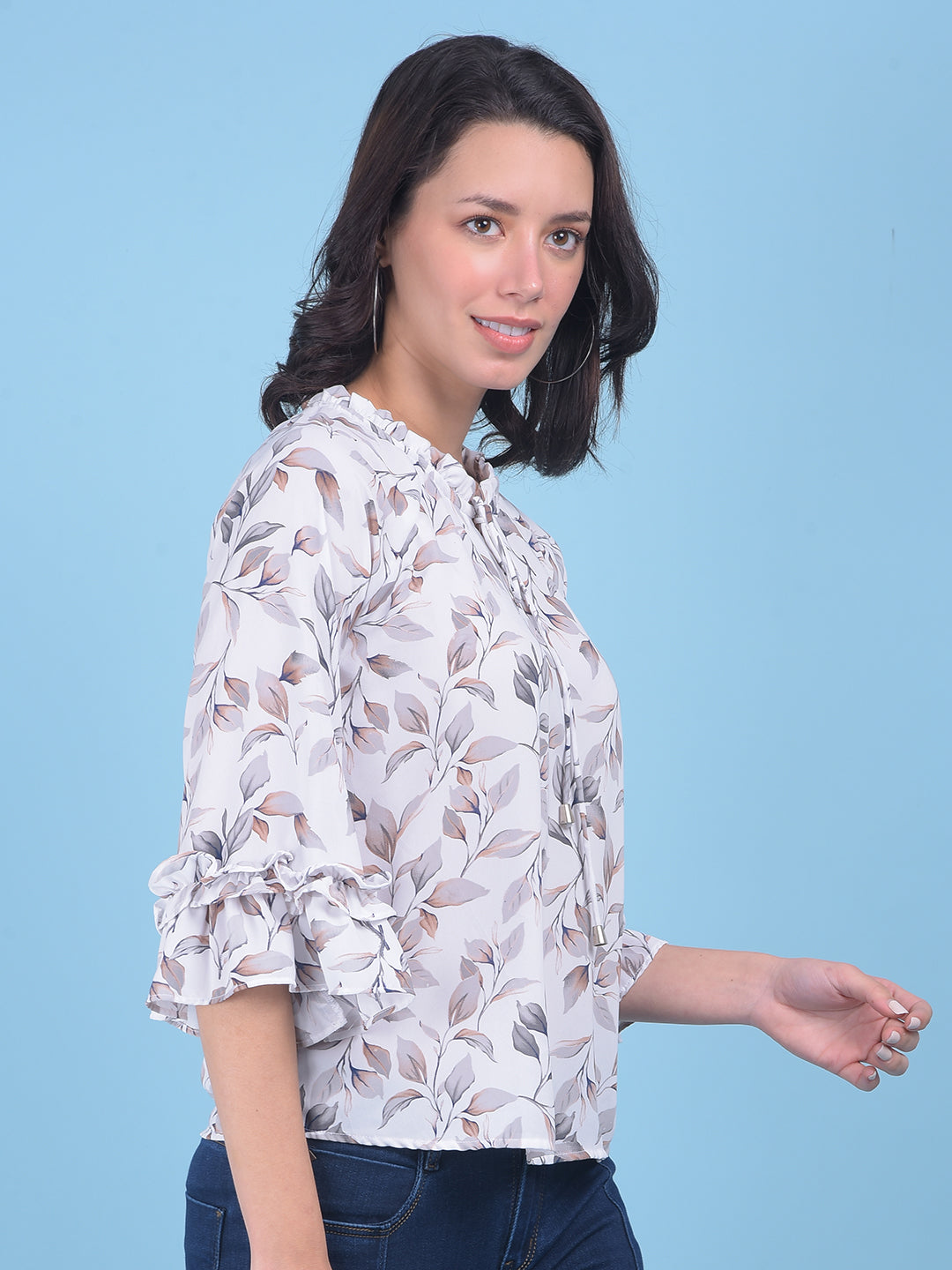 White Floral Print Top-Women Tops-Crimsoune Club