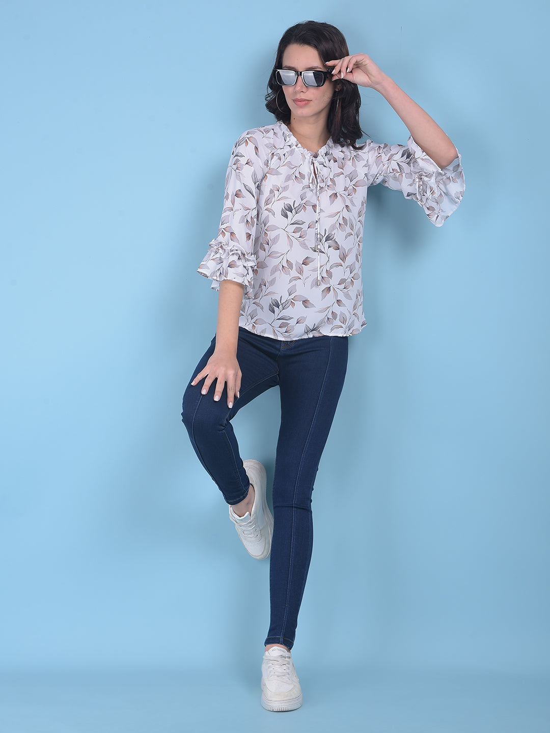 White Floral Print Top-Women Tops-Crimsoune Club