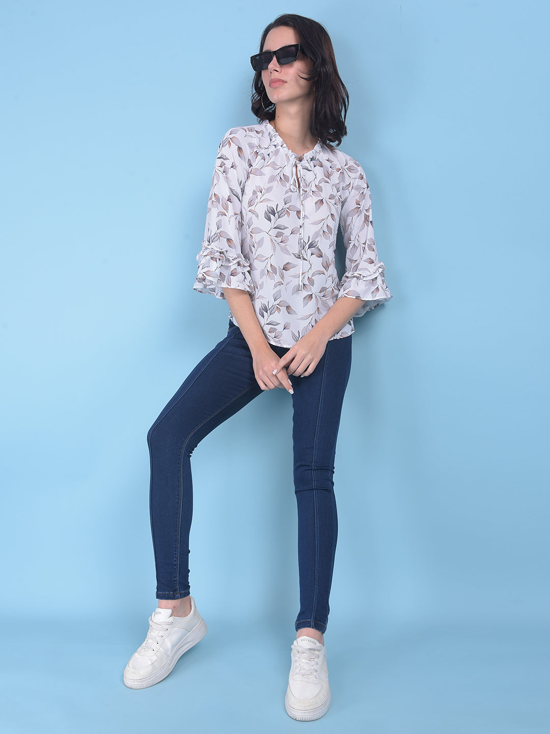 White Floral Print Top-Women Tops-Crimsoune Club