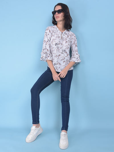 White Floral Print Top-Women Tops-Crimsoune Club