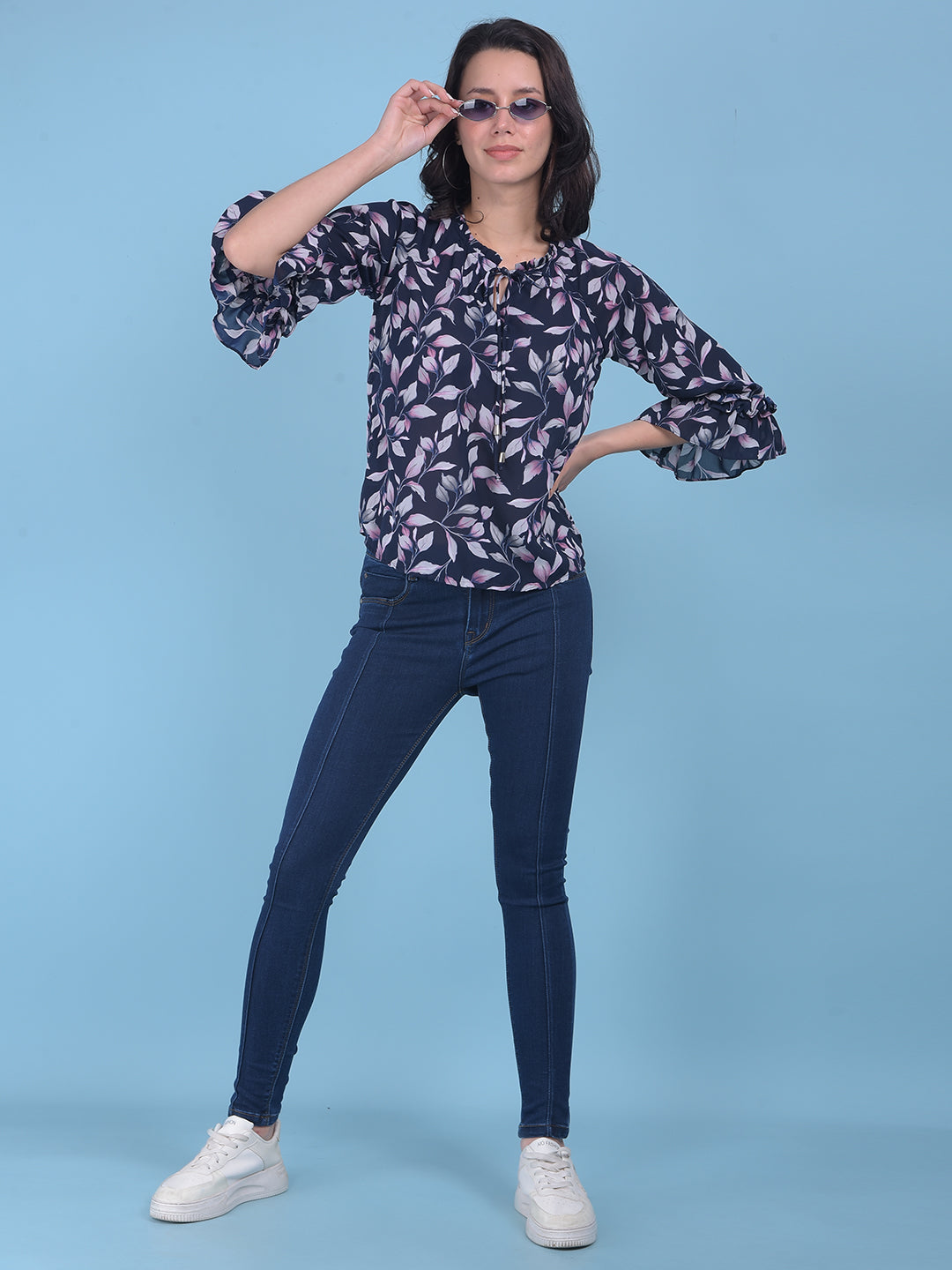 Black Floral Print Top-Women Tops-Crimsoune Club