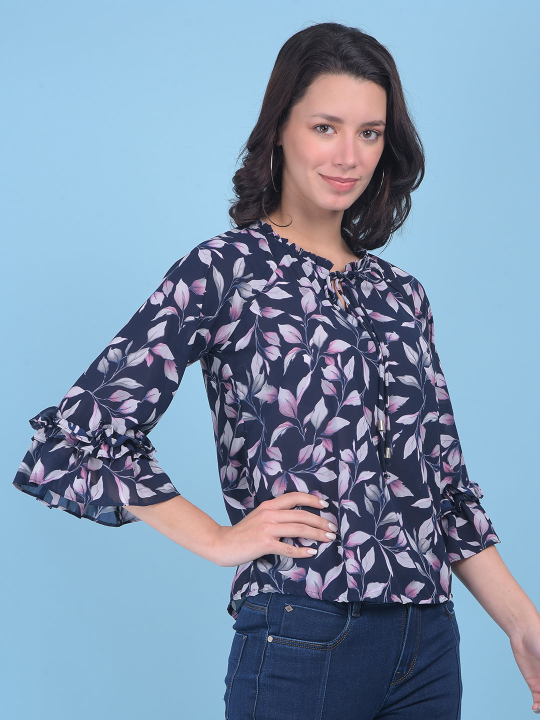 Black Floral Print Top-Women Tops-Crimsoune Club