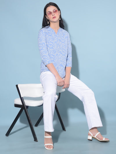 Blue Printed Top-Women Tops-Crimsoune Club