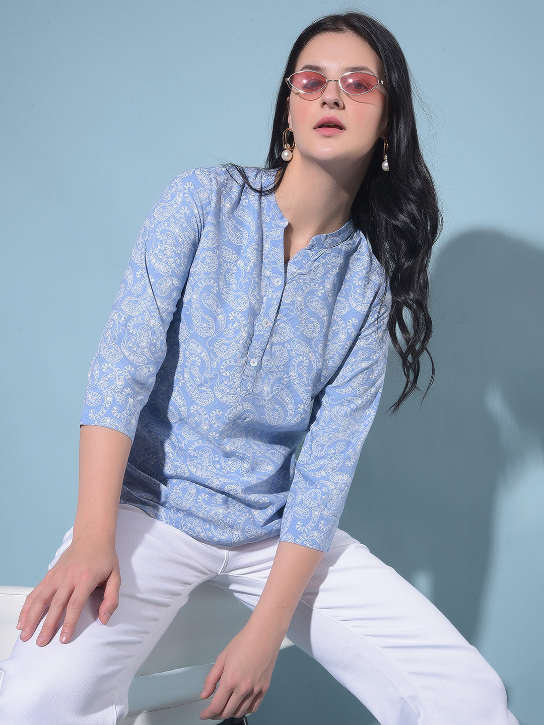 Blue Printed Top-Women Tops-Crimsoune Club