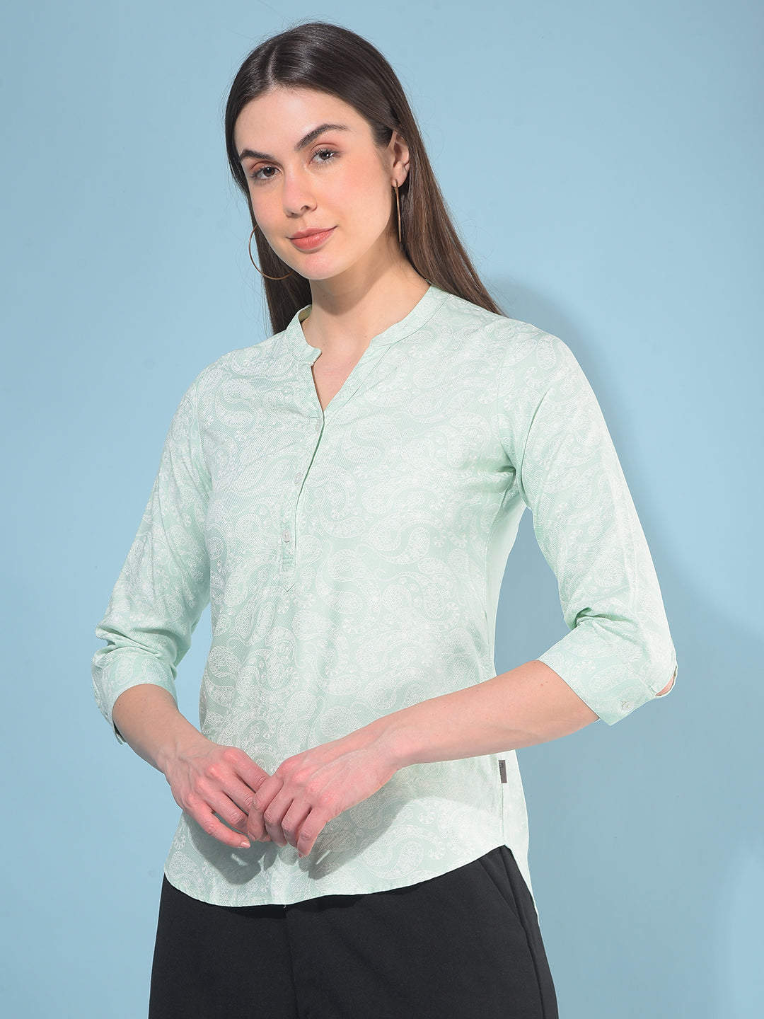 Green Printed Top-Women Tops-Crimsoune Club